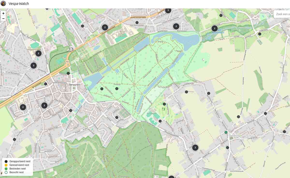 Carte Vespa-Watch des observations de frelons asiatiques à Tervuren.
